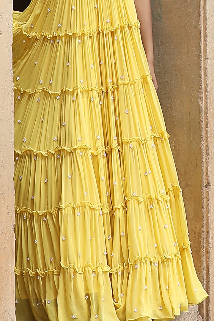Yellow Georgette Layered Wedding Lehenga Set by SONAL PASRIJA at Pernia's Pop Up Shop