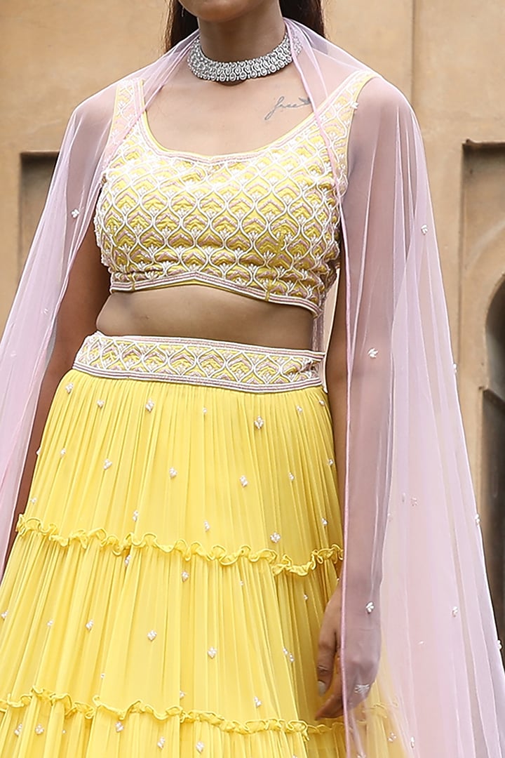 Yellow Georgette Layered Wedding Lehenga Set by SONAL PASRIJA at Pernia's Pop Up Shop