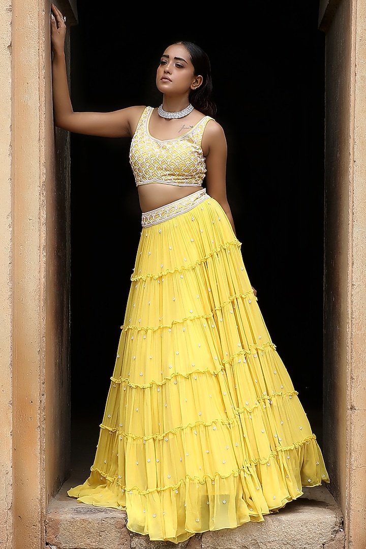Yellow Georgette Layered Wedding Lehenga Set by SONAL PASRIJA at Pernia's Pop Up Shop