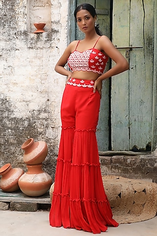 Red Georgette Gharara Set by SONAL PASRIJA