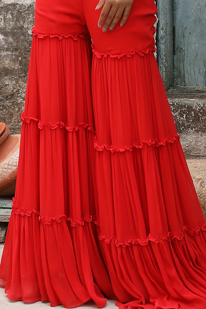 Red Georgette Gharara Set by SONAL PASRIJA at Pernia's Pop Up Shop