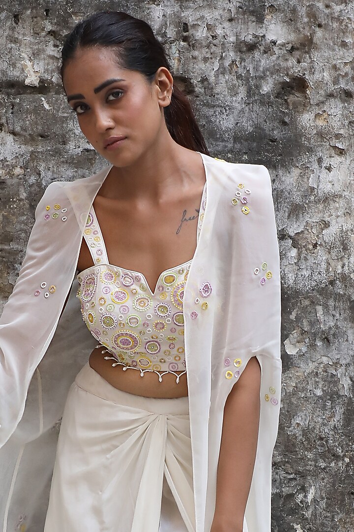 Ivory Georgette Draped Skirt Set by SONAL PASRIJA at Pernia's Pop Up Shop