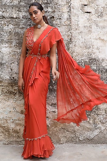 Rust Georgette Draped Wedding Saree Set by SONAL PASRIJA at Pernia's Pop Up Shop