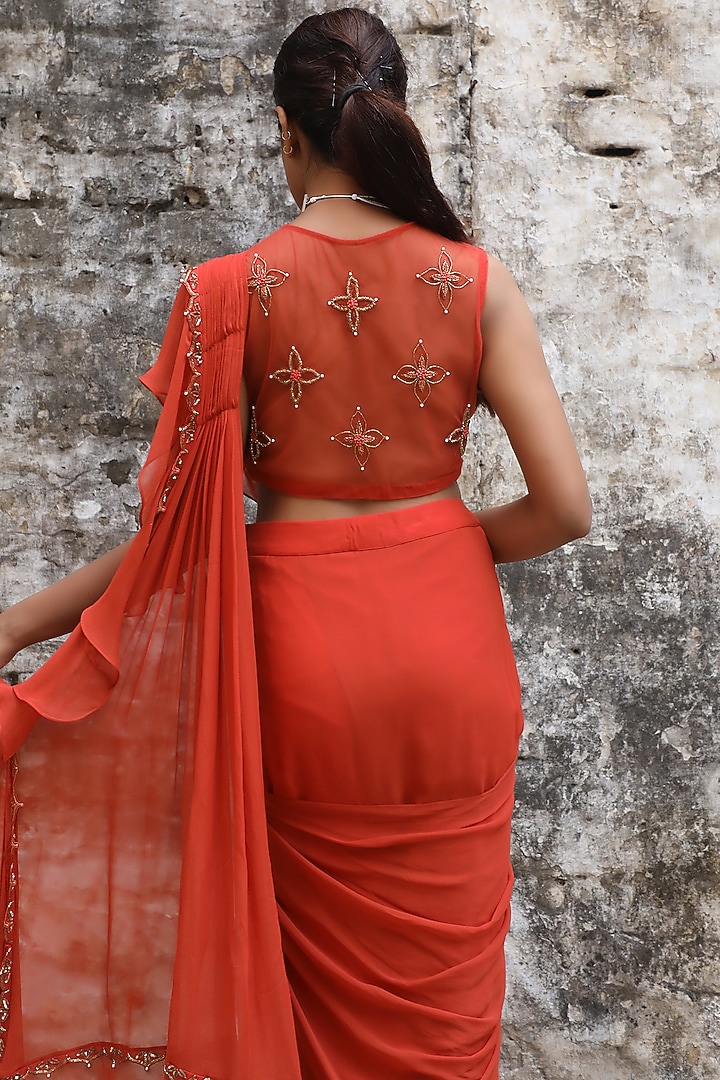 Rust Georgette Draped Wedding Saree Set by SONAL PASRIJA at Pernia's Pop Up Shop
