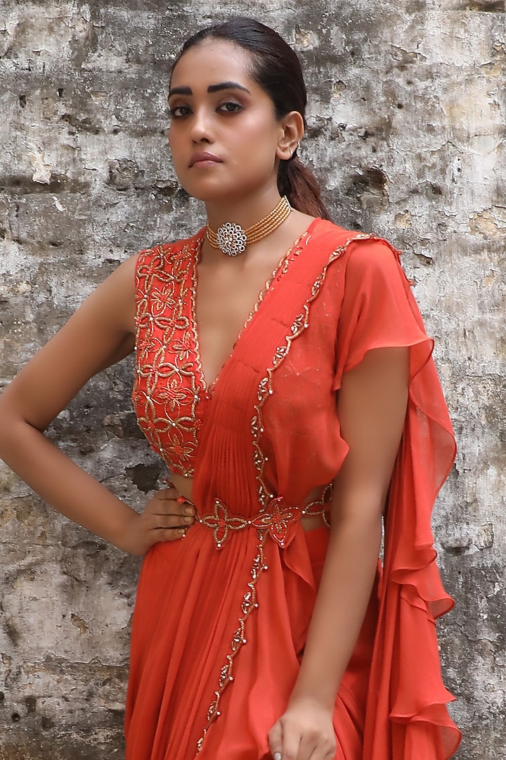 Rust Georgette Draped Wedding Saree Set by SONAL PASRIJA at Pernia's Pop Up Shop