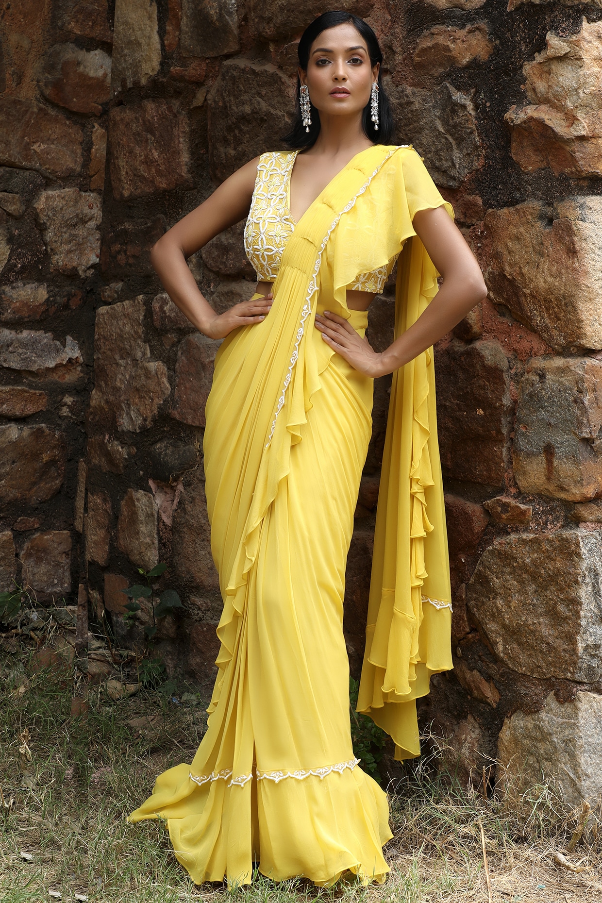 ready to wear saree yellow colour