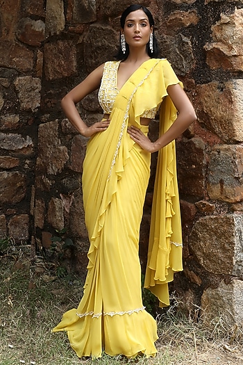 Yellow Georgette Draped Wedding Saree Set by SONAL PASRIJA at Pernia's Pop Up Shop