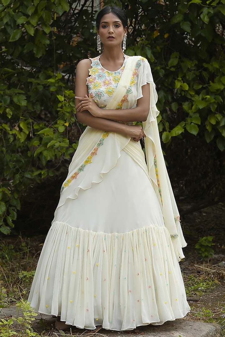 Ivory Embellished Wedding Lehenga Saree Set by SONAL PASRIJA at Pernia's Pop Up Shop