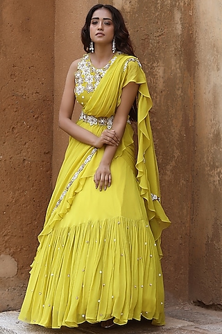 Lime Green Georgette & Organza Embellished Lehenga Saree Set by SONAL PASRIJA