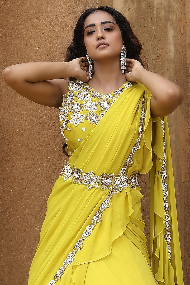 Lime Green Georgette & Organza Embellished Wedding Lehenga Saree Set by SONAL PASRIJA at Pernia's Pop Up Shop