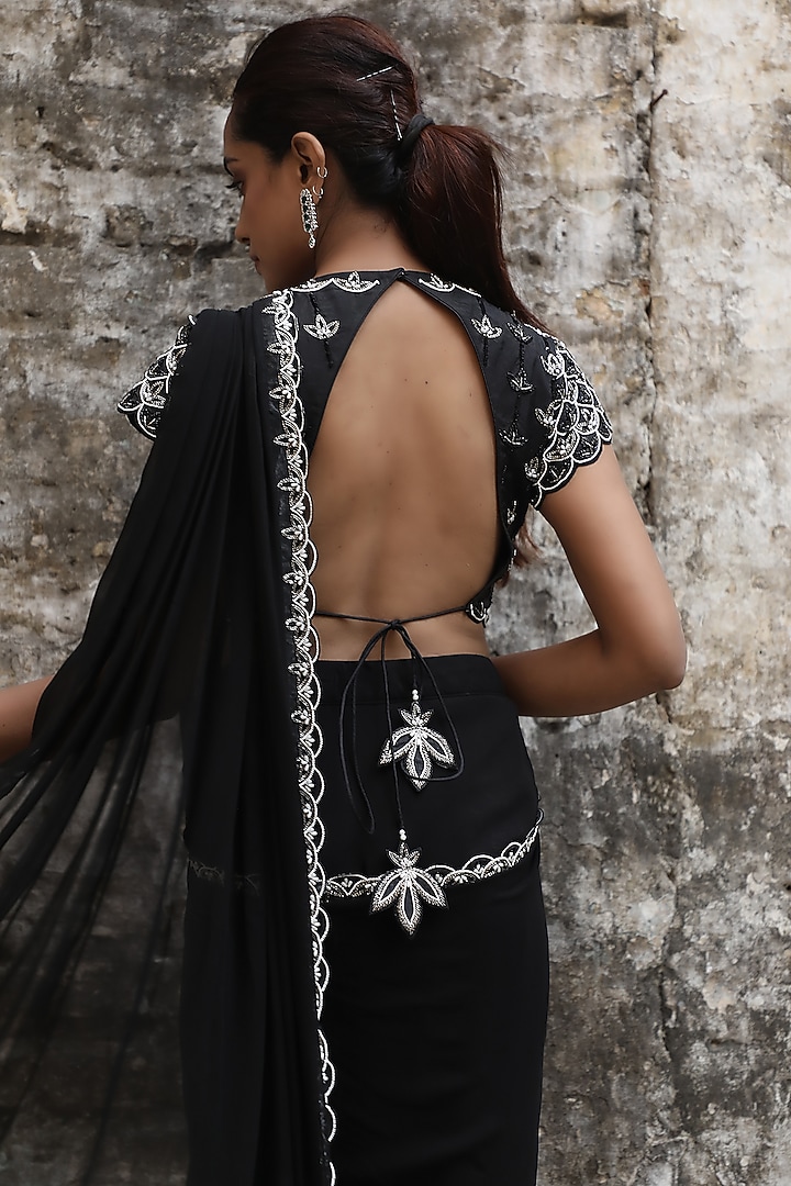 Black Georgette Draped Wedding Saree Set by SONAL PASRIJA at Pernia's Pop Up Shop