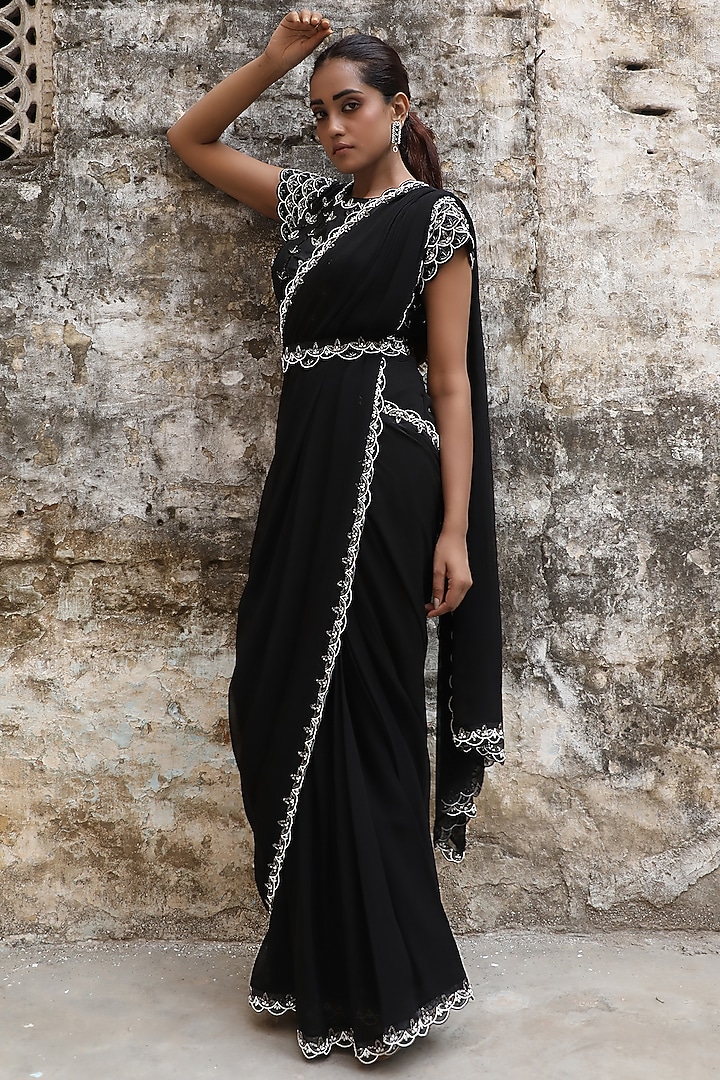 Black Georgette Draped Wedding Saree Set by SONAL PASRIJA at Pernia's Pop Up Shop