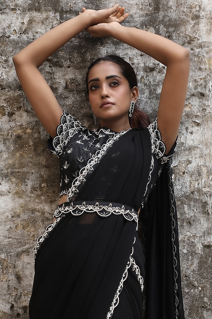 Black Georgette Draped Wedding Saree Set by SONAL PASRIJA at Pernia's Pop Up Shop