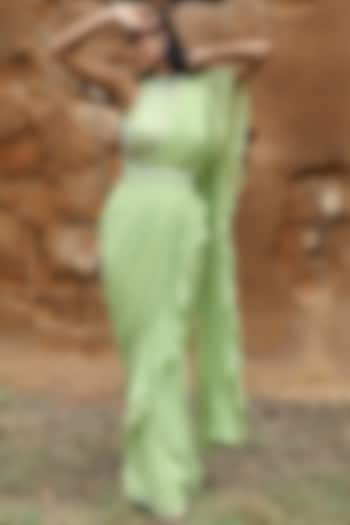 Mint Green Georgette Frilled Draped Saree Set by SONAL PASRIJA