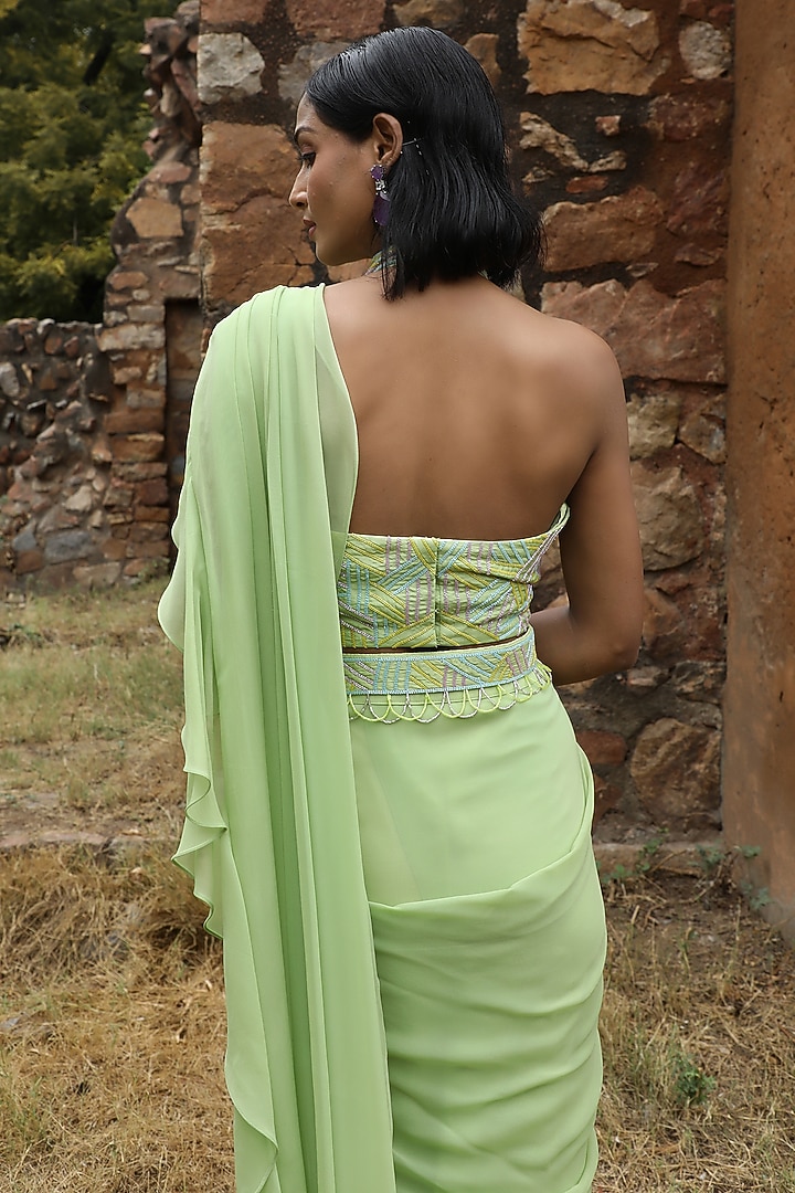 Mint Green Georgette Frilled Draped Wedding Saree Set by SONAL PASRIJA at Pernia's Pop Up Shop