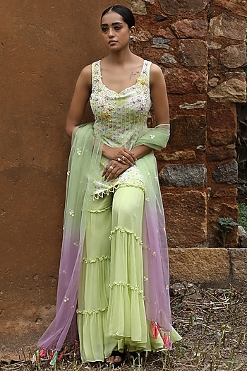 Green Georgette Gharara Set by SONAL PASRIJA at Pernia's Pop Up Shop