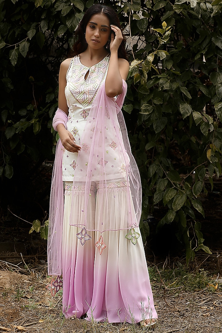 Ivory & Lilac Georgette Embellished Gharara Set by SONAL PASRIJA at Pernia's Pop Up Shop