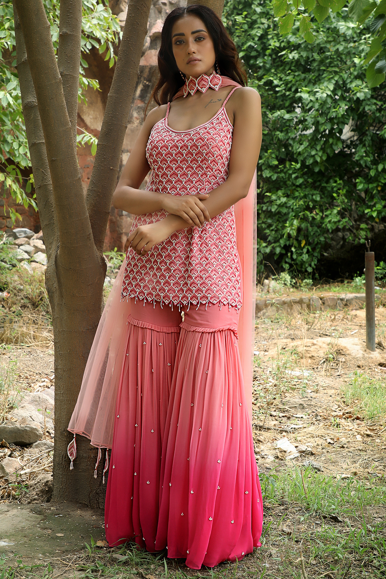Peach & Fuchsia Georgette Gharara Set by SONAL PASRIJA at Pernia's Pop Up Shop