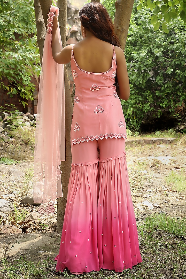 Peach & Fuchsia Georgette Gharara Set by SONAL PASRIJA at Pernia's Pop Up Shop