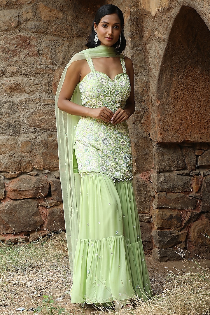 Mint Green Georgette Gharara Set by SONAL PASRIJA at Pernia's Pop Up Shop