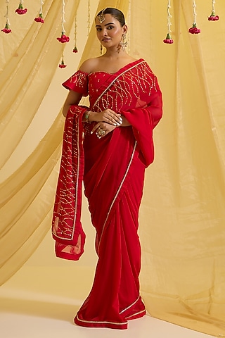 Red Silk & Georgette Hand Embroidered Pre-Draped Saree Set by SONAL PASRIJA