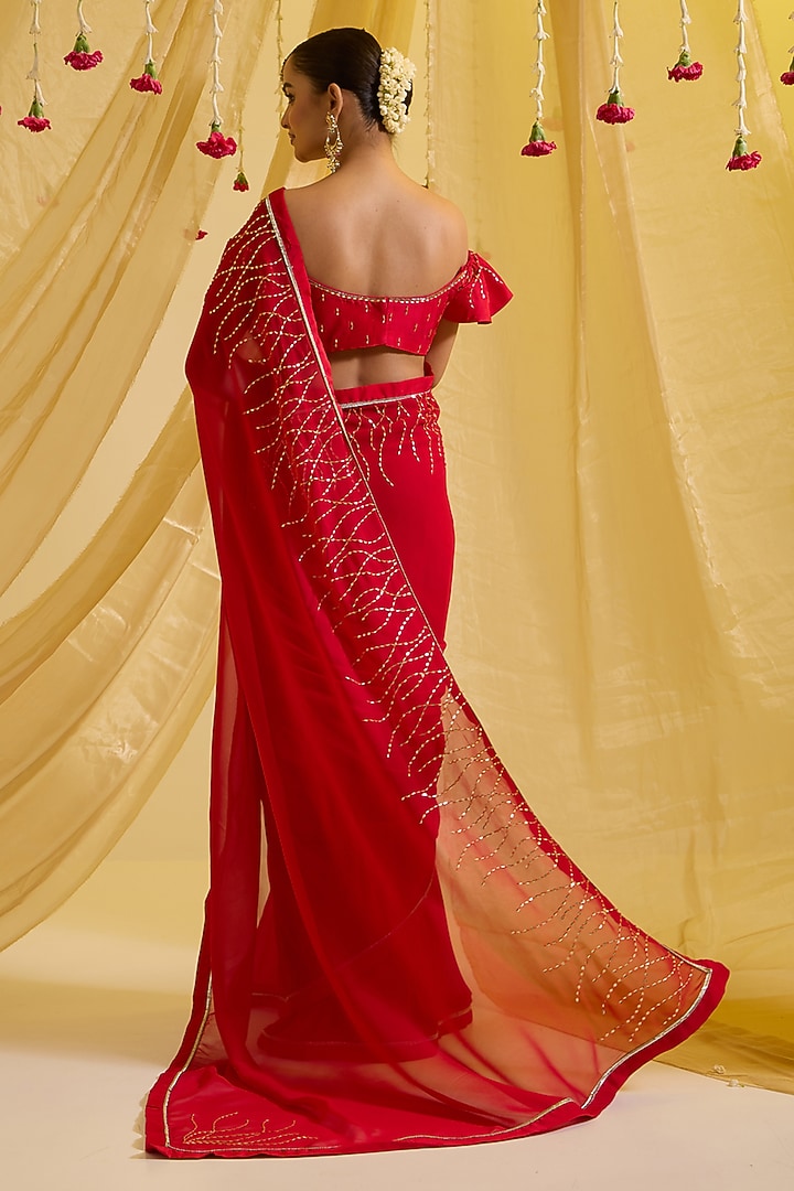 Red Silk & Georgette Hand Embroidered Pre-Draped Party Wear Saree Set by SONAL PASRIJA at Pernia's Pop Up Shop