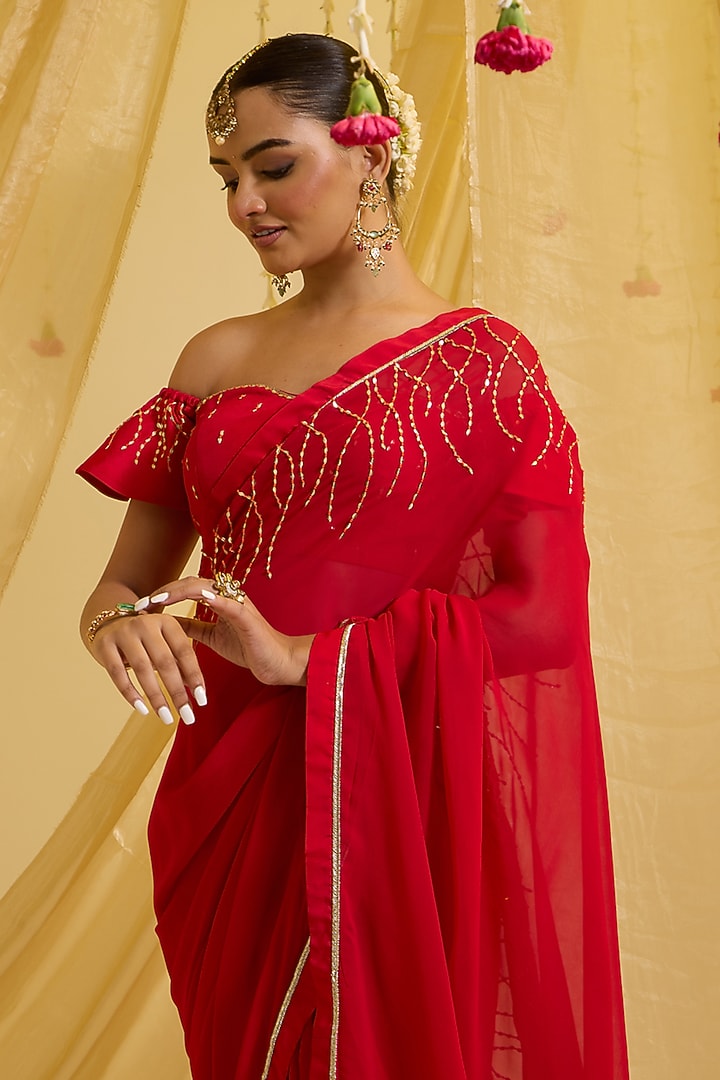 Red Silk & Georgette Hand Embroidered Pre-Draped Party Wear Saree Set by SONAL PASRIJA at Pernia's Pop Up Shop