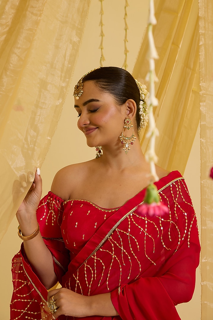 Red Silk & Georgette Hand Embroidered Pre-Draped Party Wear Saree Set by SONAL PASRIJA at Pernia's Pop Up Shop