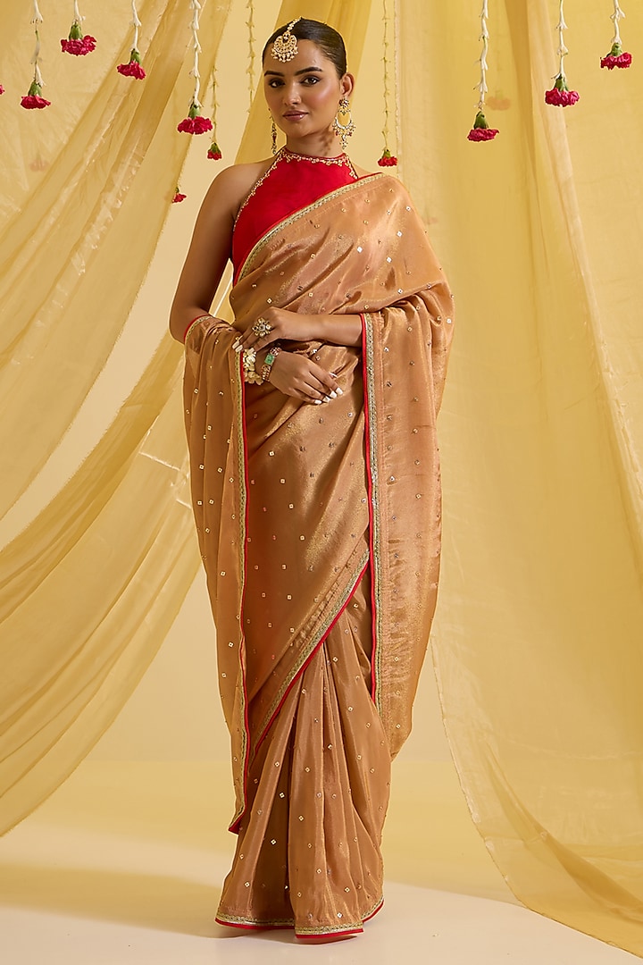 Beige Silk & Silk Tissue Sequins Embroidered Pre-Draped Saree Set by SONAL PASRIJA at Pernia's Pop Up Shop