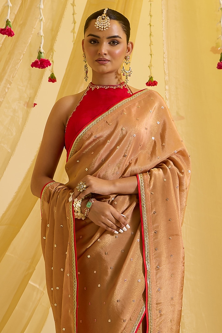Beige Silk & Silk Tissue Sequins Embroidered Pre-Draped Party Wear Saree Set by SONAL PASRIJA at Pernia's Pop Up Shop