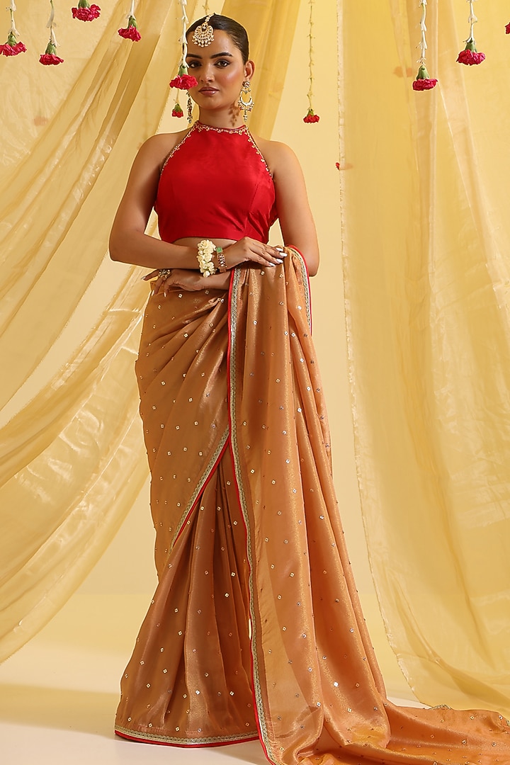 Beige Silk & Silk Tissue Sequins Embroidered Pre-Draped Party Wear Saree Set by SONAL PASRIJA at Pernia's Pop Up Shop