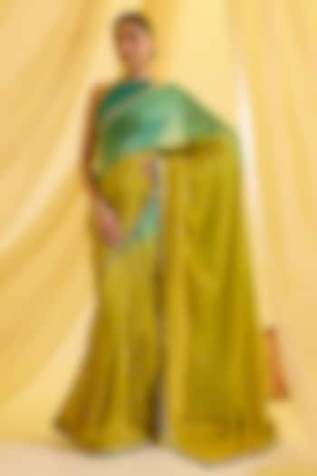 Lime Green & Aqua Blue Silk Tissue Sequins Embroidered Ombre Pre-Draped Saree Set by SONAL PASRIJA at Pernia's Pop Up Shop