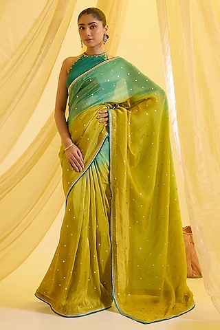 Lime Green & Aqua Blue Silk Tissue Sequins Embroidered Ombre Pre-Draped Saree Set by SONAL PASRIJA