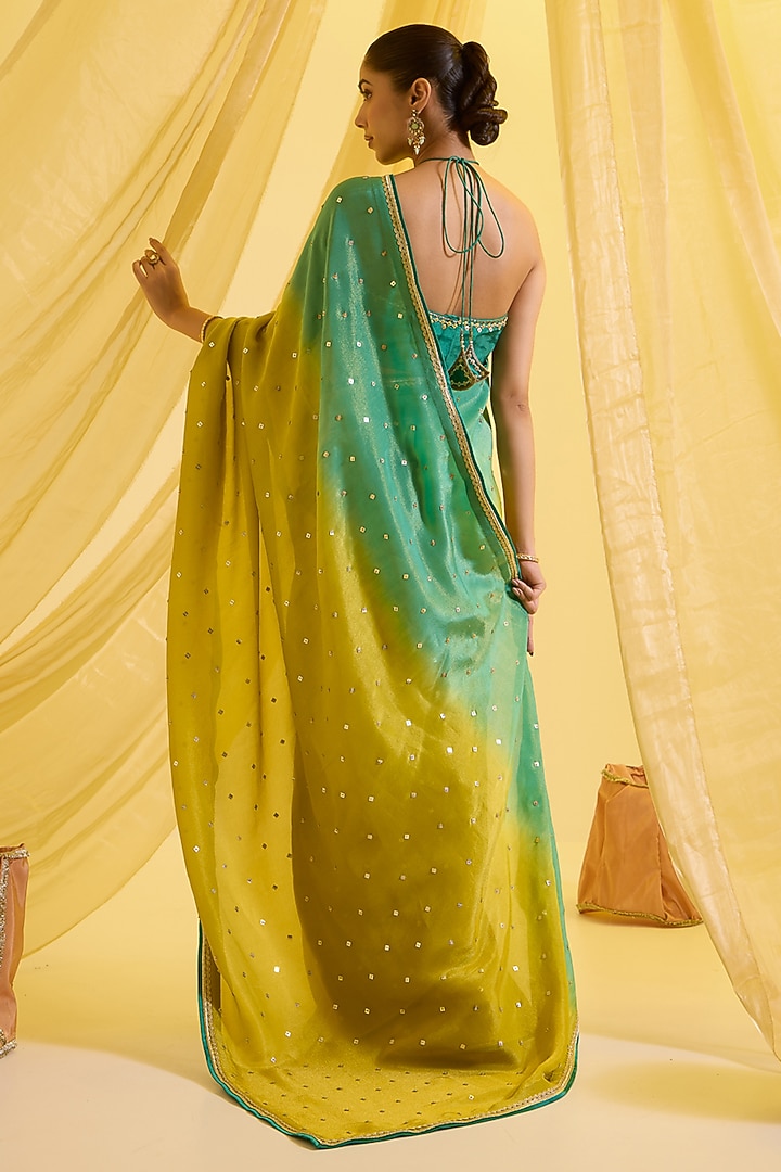 Lime Green & Aqua Blue Silk Tissue Sequins Embroidered Ombre Pre-Draped Party Wear Saree Set by SONAL PASRIJA at Pernia's Pop Up Shop