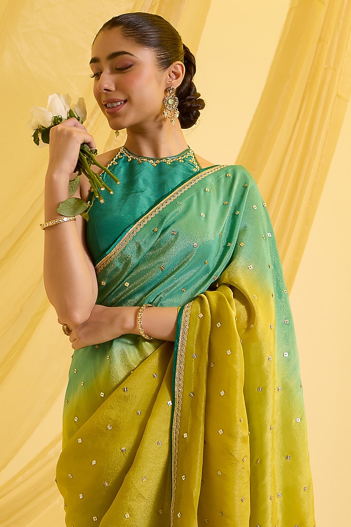 Lime Green & Aqua Blue Silk Tissue Sequins Embroidered Ombre Pre-Draped Party Wear Saree Set by SONAL PASRIJA at Pernia's Pop Up Shop