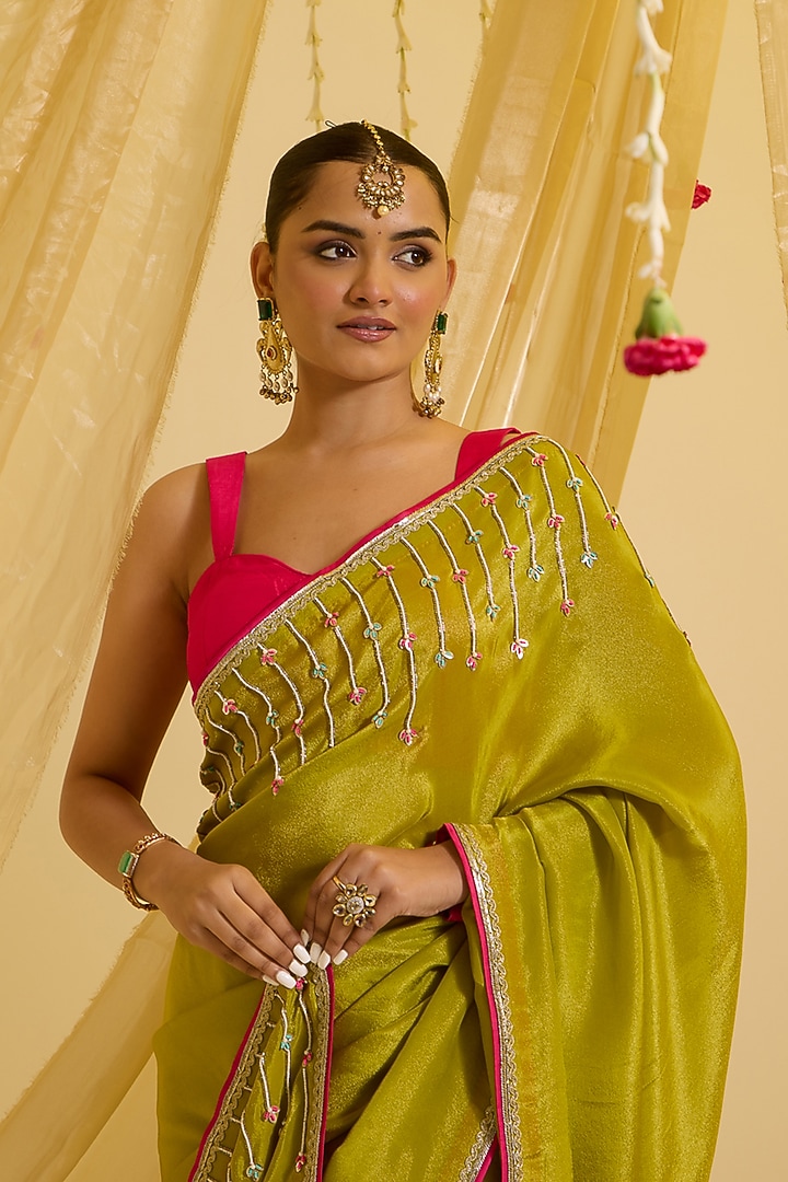Lime Green Silk Tissue Hand Embroidered Pre-Draped Party Wear Saree Set by SONAL PASRIJA at Pernia's Pop Up Shop