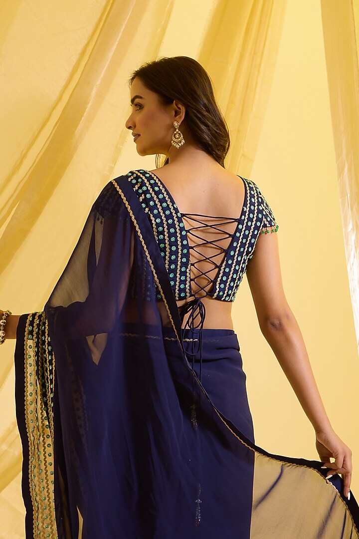 Navy Blue Silk & Georgette Embroidered Pre-Draped Wedding Saree Set by SONAL PASRIJA at Pernia's Pop Up Shop