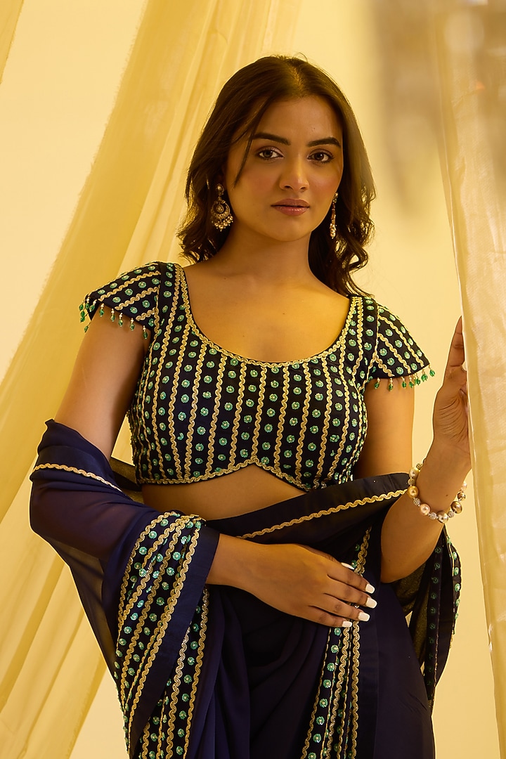 Navy Blue Silk & Georgette Embroidered Pre-Draped Wedding Saree Set by SONAL PASRIJA at Pernia's Pop Up Shop