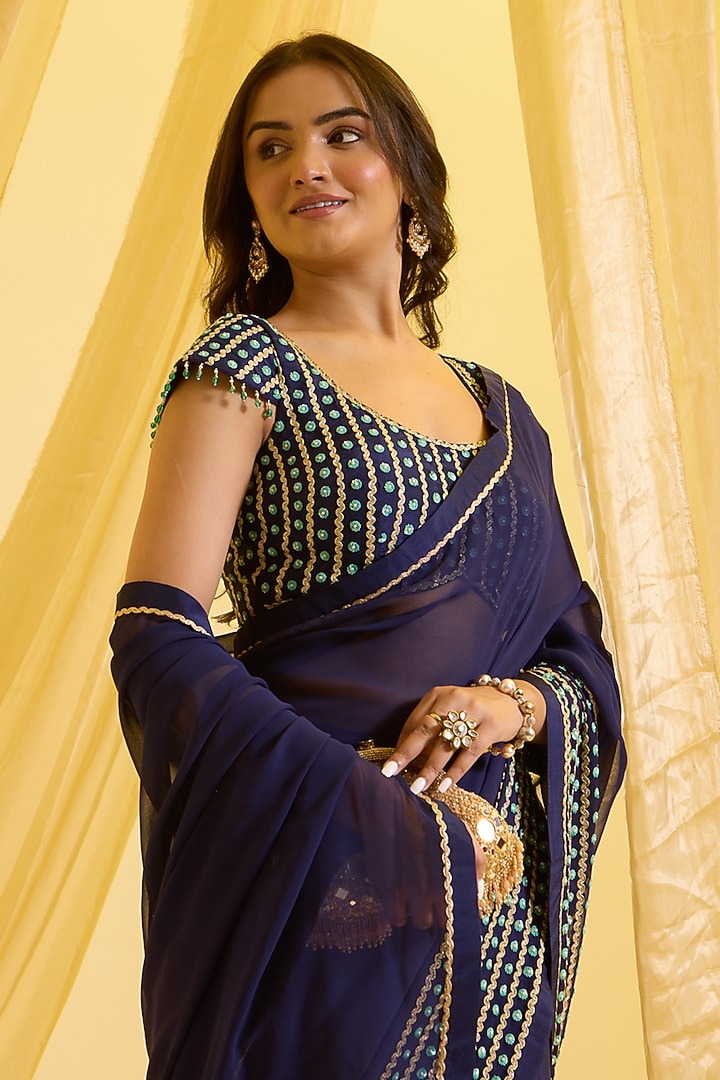 Navy Blue Silk & Georgette Embroidered Pre-Draped Wedding Saree Set by SONAL PASRIJA at Pernia's Pop Up Shop