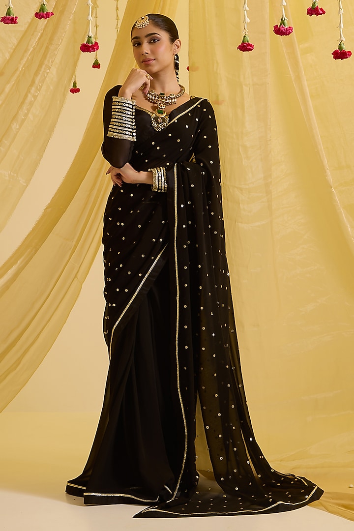 Black Silk & Georgette Embroidered Pre-Draped Saree Set by SONAL PASRIJA at Pernia's Pop Up Shop