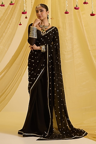 Black Silk & Georgette Embroidered Pre-Draped Saree Set by SONAL PASRIJA