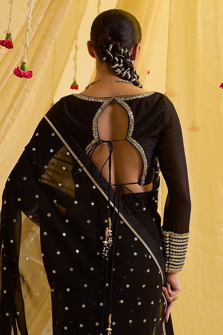 Black Silk & Georgette Embroidered Pre-Draped Party Wear Saree Set by SONAL PASRIJA at Pernia's Pop Up Shop