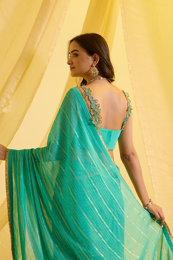 Dark Aqua Blue Silk & Lurex Pre-Draped Party Wear Saree Set by SONAL PASRIJA at Pernia's Pop Up Shop