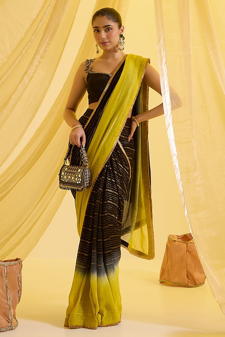 Black & Lime Green Ombre Silk Pre-Draped Saree Set by SONAL PASRIJA at Pernia's Pop Up Shop