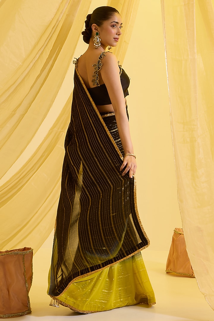 Black & Lime Green Ombre Silk Pre-Draped Party Wear Saree Set by SONAL PASRIJA at Pernia's Pop Up Shop