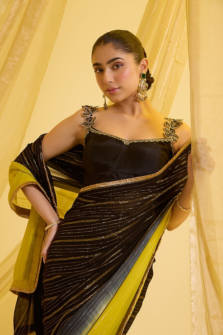 Black & Lime Green Ombre Silk Pre-Draped Party Wear Saree Set by SONAL PASRIJA at Pernia's Pop Up Shop