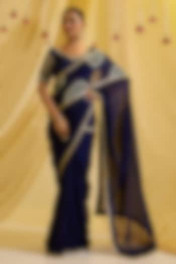 Navy Blue Silk & Georgette Hand Embroidered Pre-Draped Saree Set by SONAL PASRIJA at Pernia's Pop Up Shop