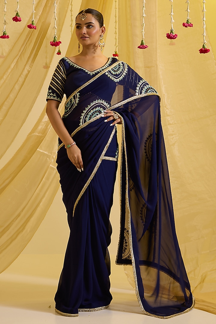 Navy Blue Silk & Georgette Hand Embroidered Pre-Draped Saree Set by SONAL PASRIJA at Pernia's Pop Up Shop