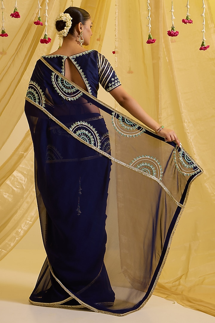 Navy Blue Silk & Georgette Hand Embroidered Pre-Draped Wedding Saree Set by SONAL PASRIJA at Pernia's Pop Up Shop