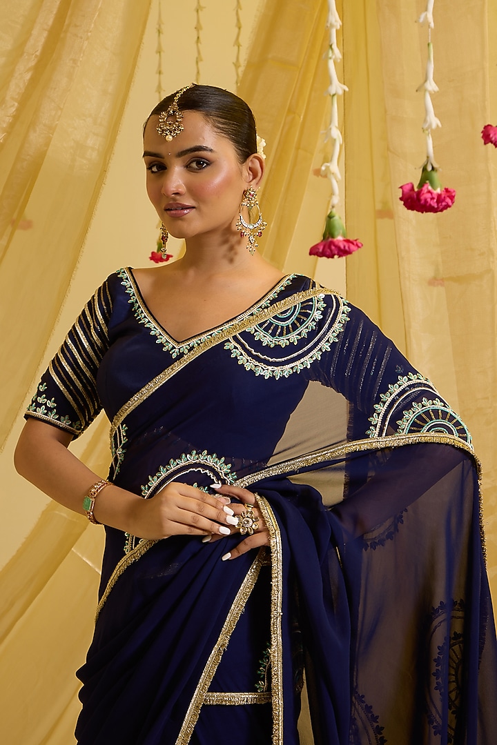 Navy Blue Silk & Georgette Hand Embroidered Pre-Draped Wedding Saree Set by SONAL PASRIJA at Pernia's Pop Up Shop